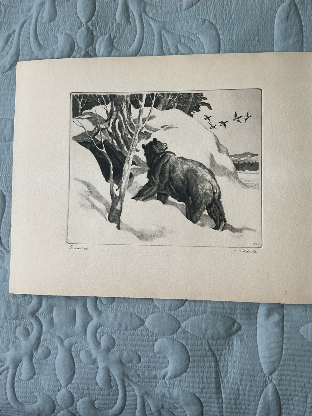 P.H. Palenske "Season's End" Bear in Winter Scene Print in Black and White